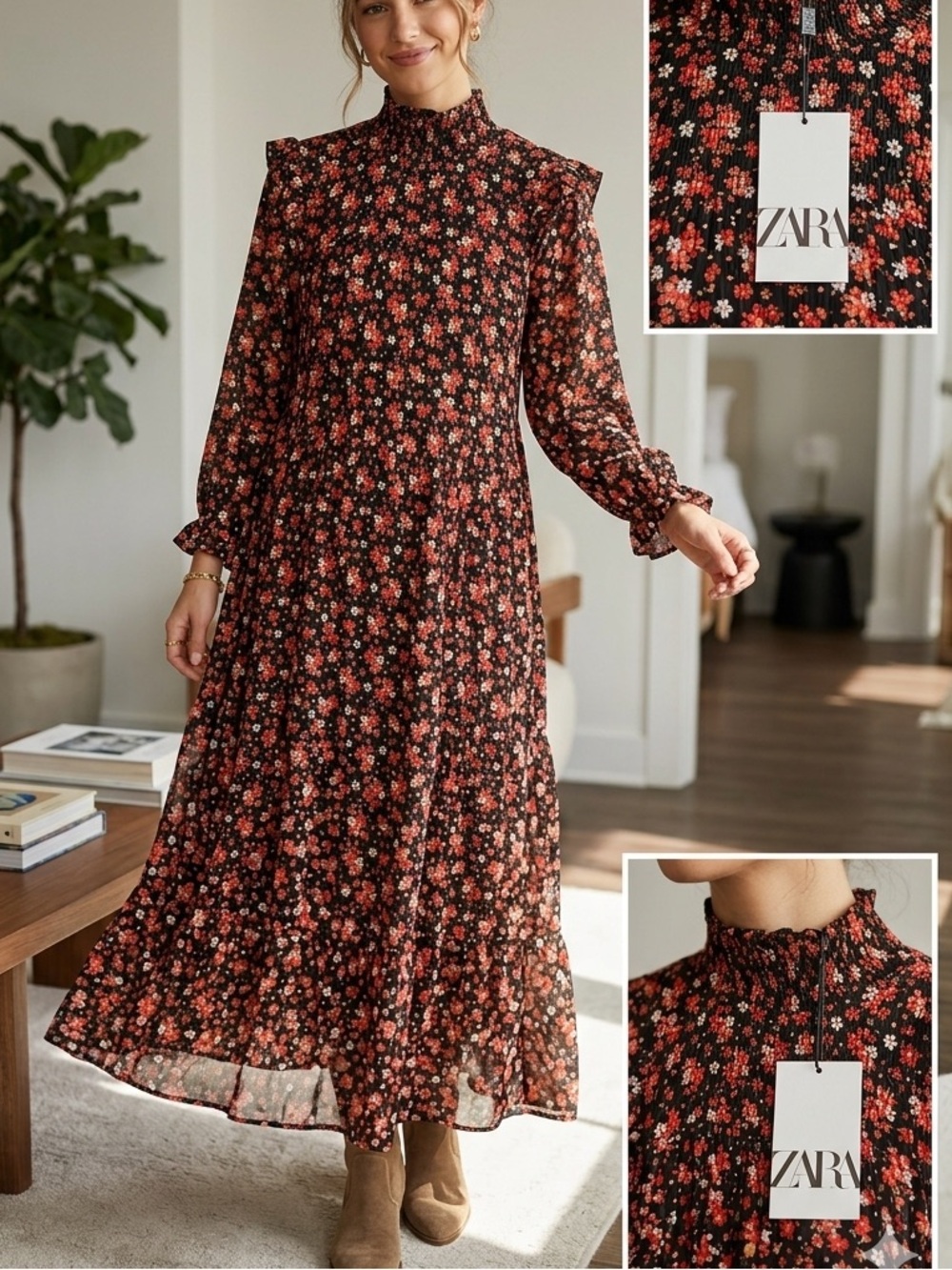 NWT Zara Floral Smocked High Neck Tiered Maxi Dress Red Black❤️
